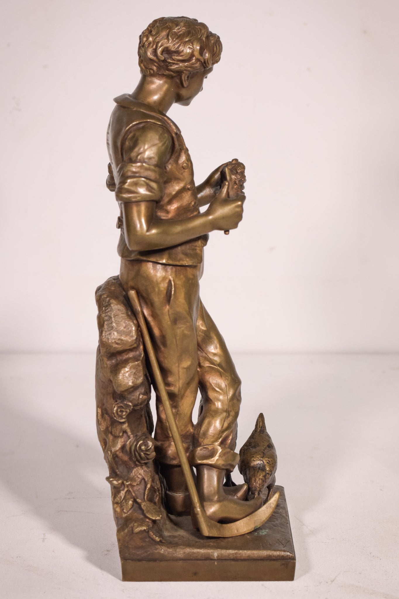 Bronze of a boy with chickens Signed A. Espié