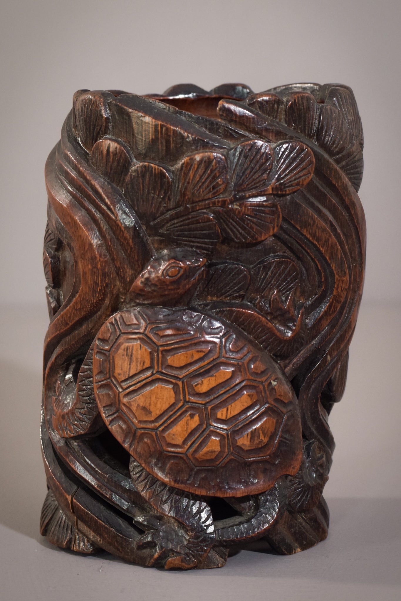 Rare Art Nouveau Bamboo Carved Brush Pot With Turtles