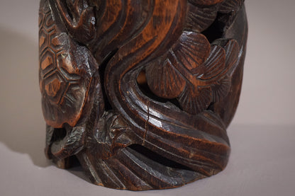 Rare Art Nouveau Bamboo Carved Brush Pot With Turtles