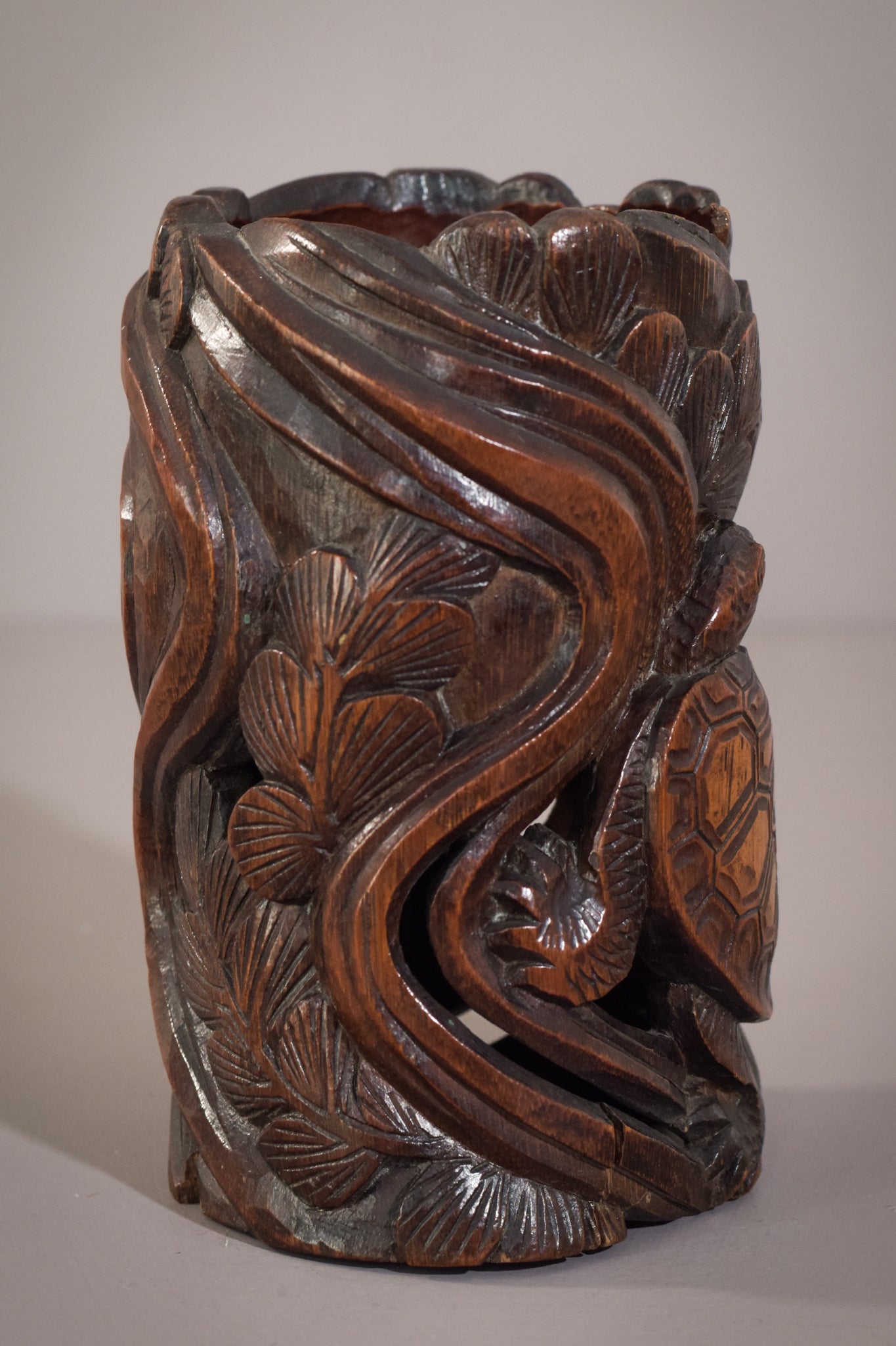 Rare Art Nouveau Bamboo Carved Brush Pot With Turtles