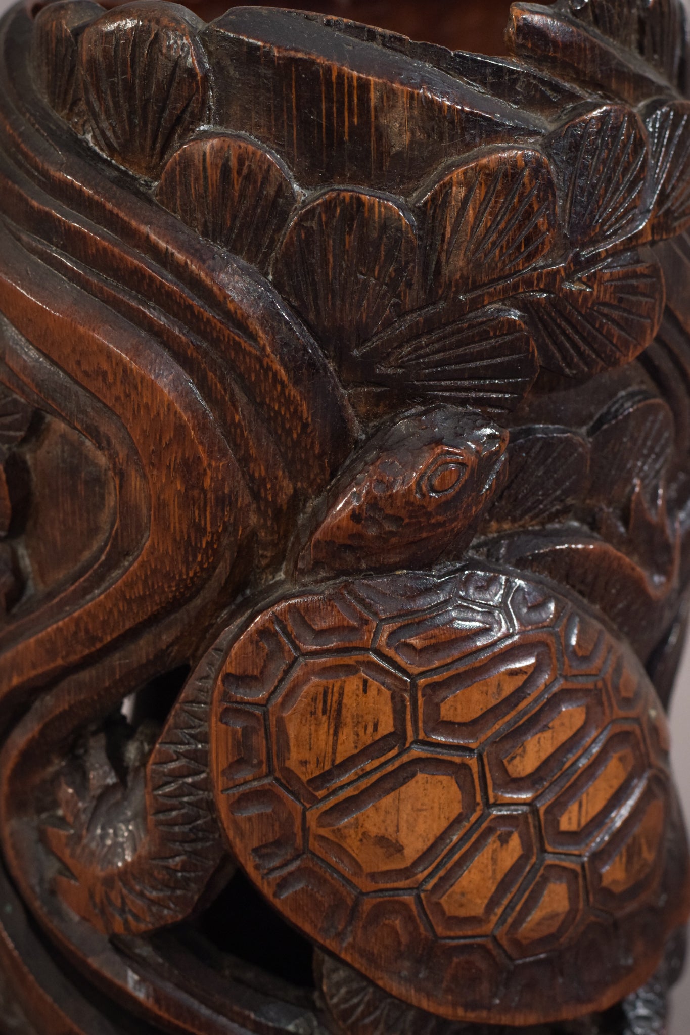 Rare Art Nouveau Bamboo Carved Brush Pot With Turtles