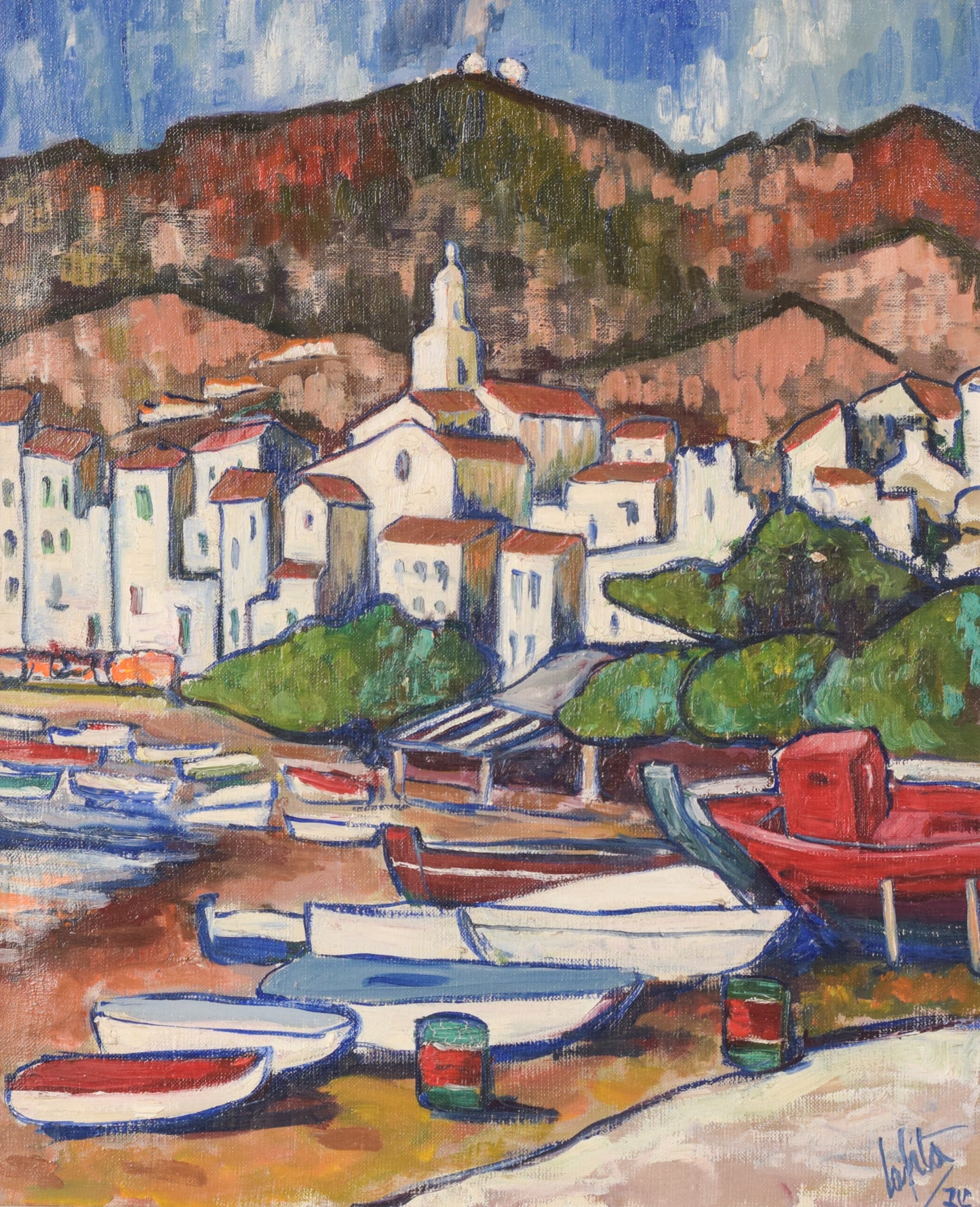 Fishing Village with Boats - Oil on board