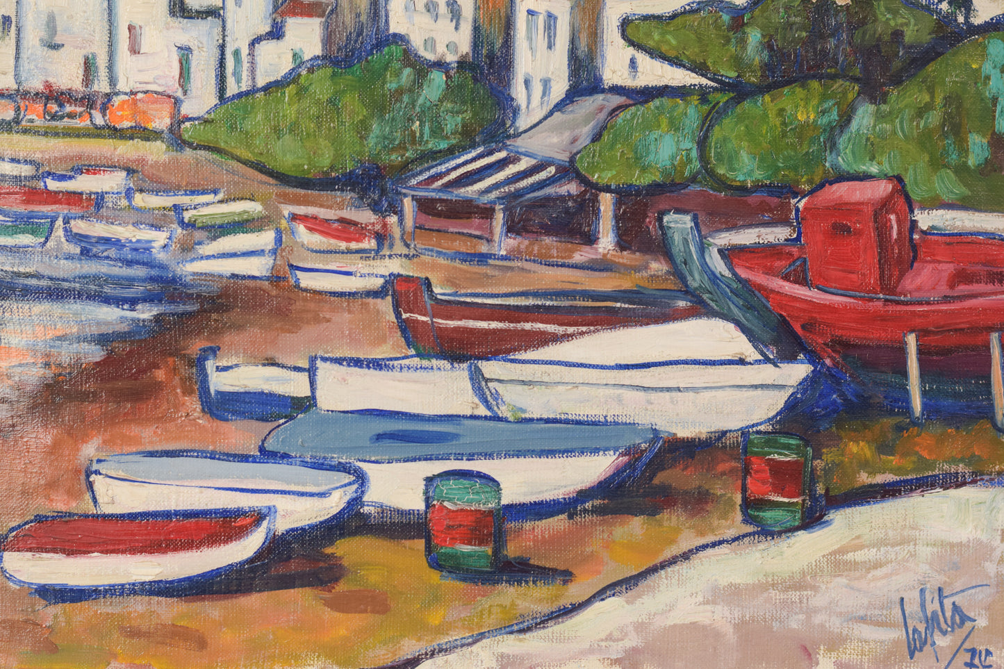 Fishing Village with Boats - Oil on board