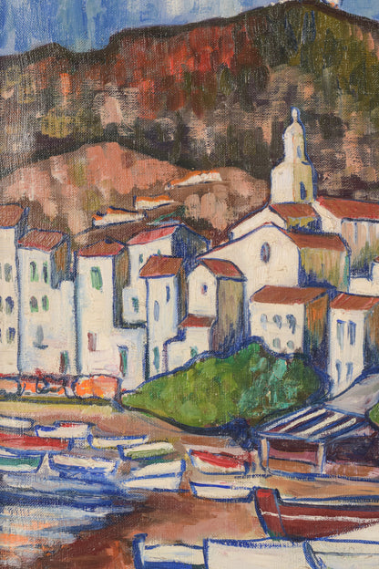 Fishing Village with Boats - Oil on board