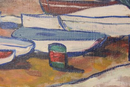 Fishing Village with Boats - Oil on board