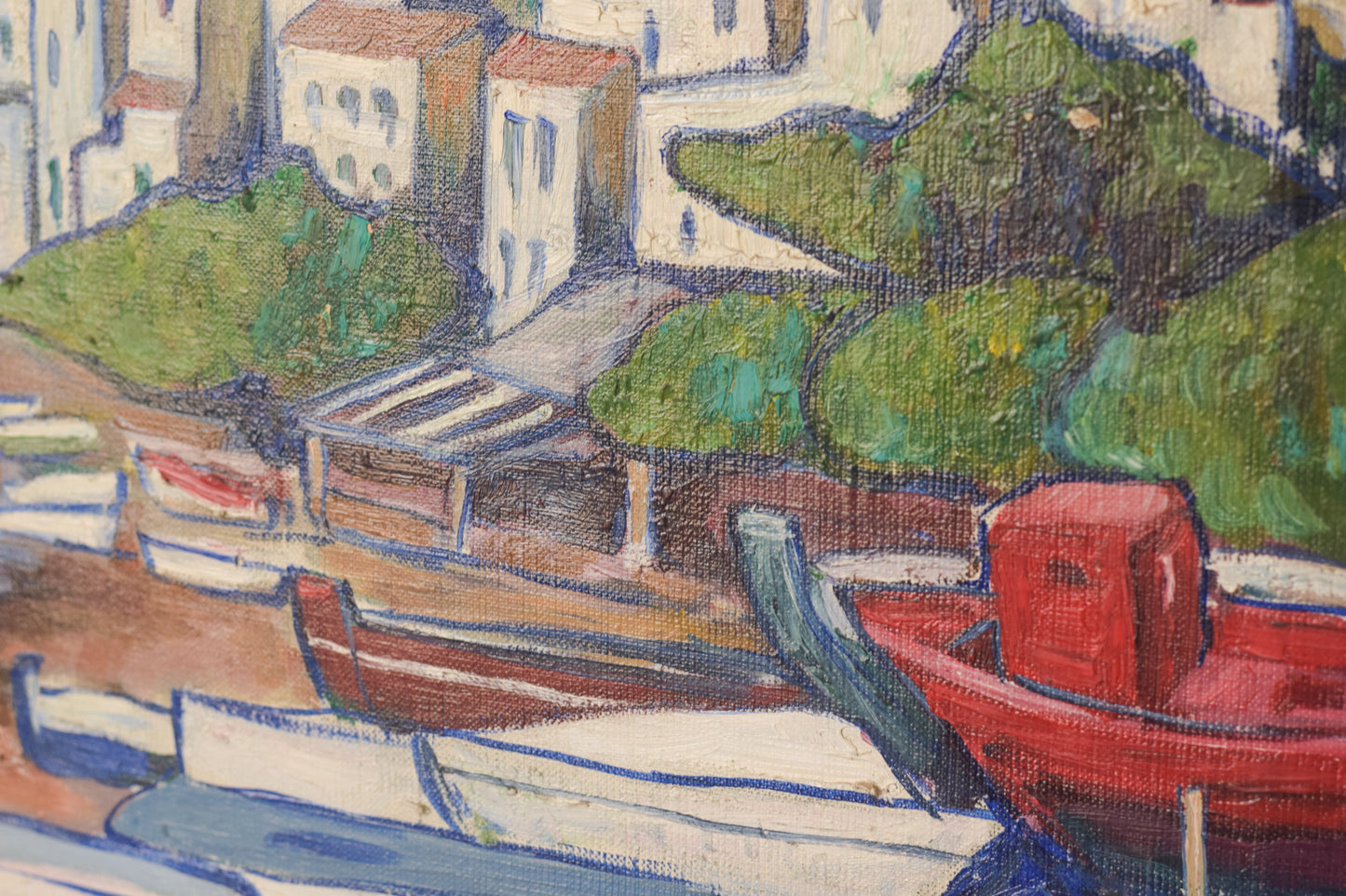 Fishing Village with Boats - Oil on board