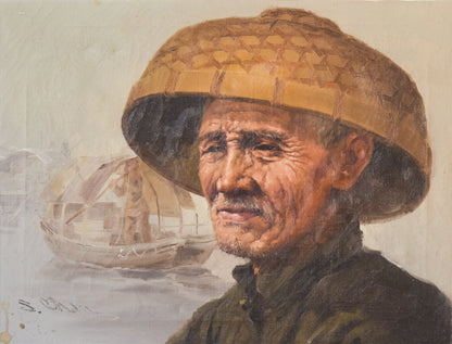 Elderly Fisherman in Straw Hat by S. Chen