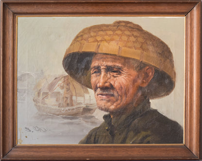 Elderly Fisherman in Straw Hat by S. Chen