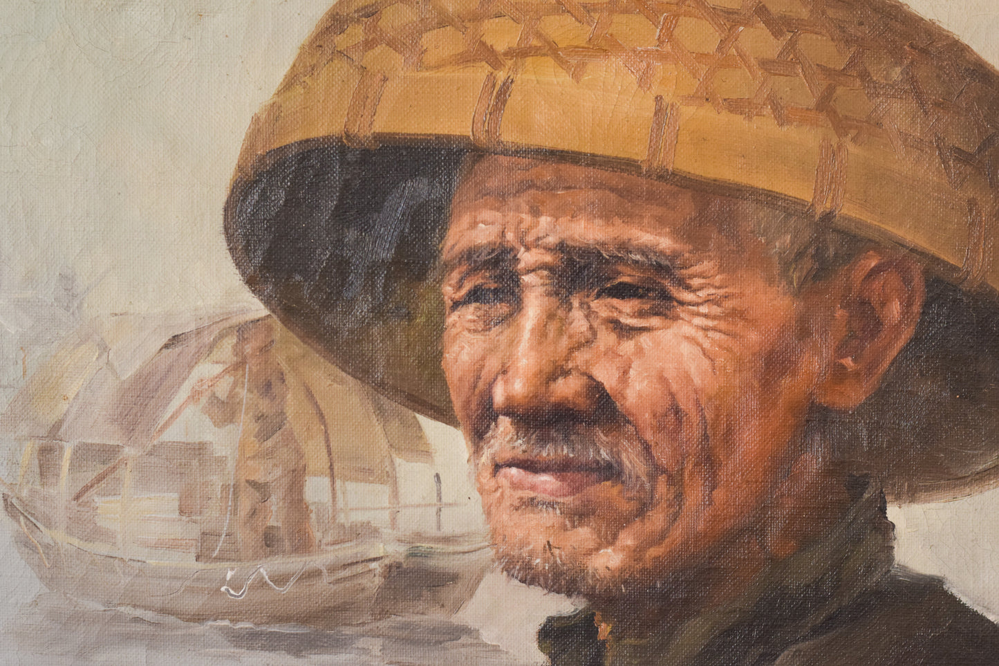 Elderly Fisherman in Straw Hat by S. Chen