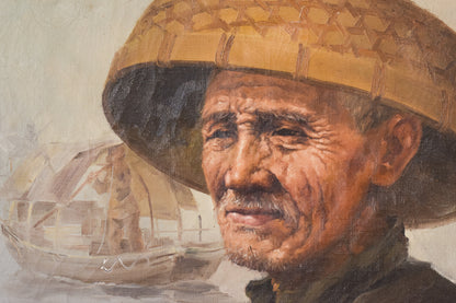 Elderly Fisherman in Straw Hat by S. Chen