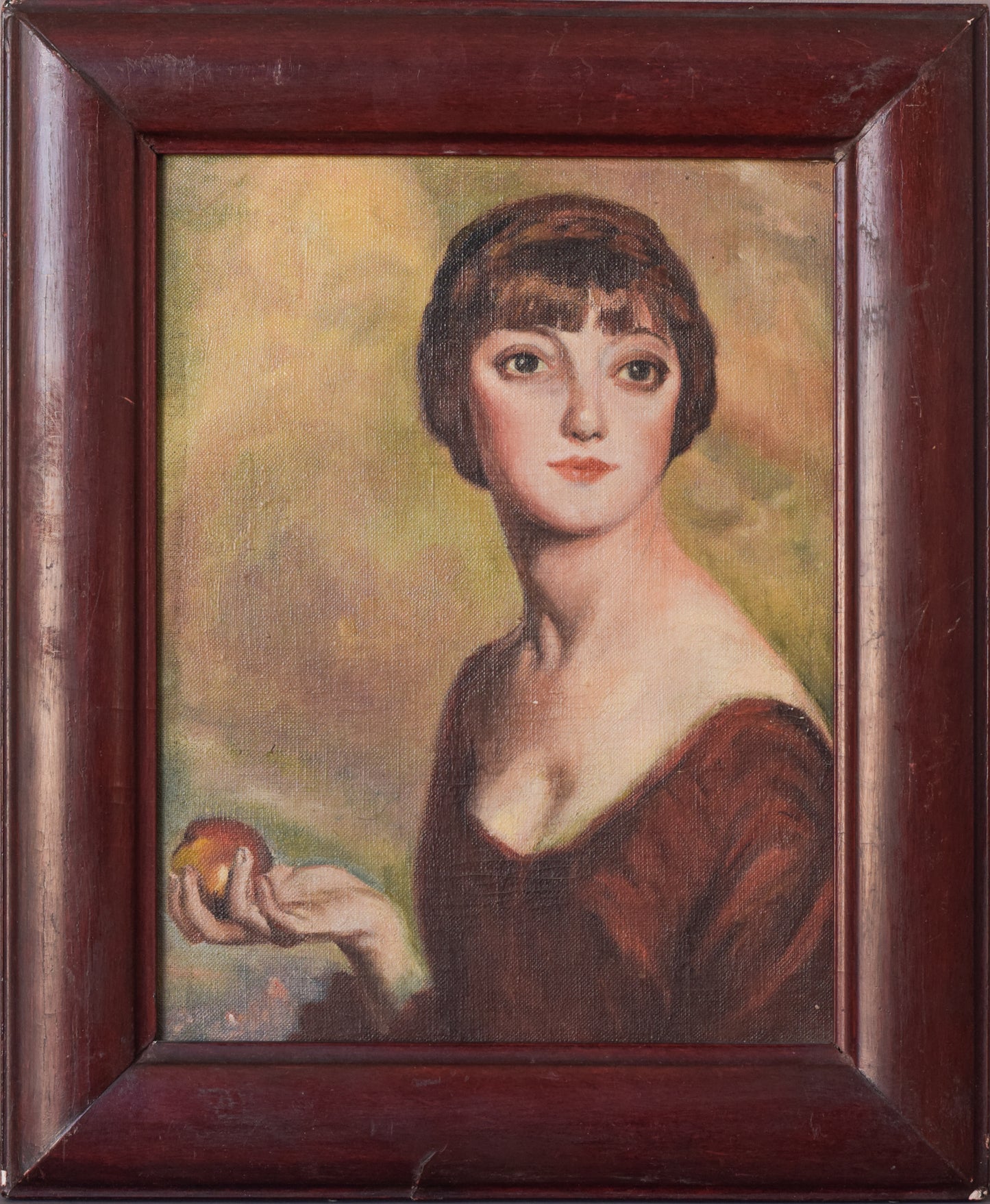 Retrato al óleo de una mujer joven sosteniendo una manzana