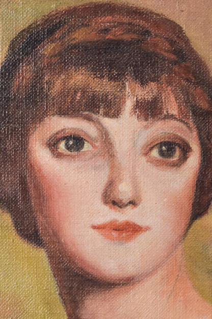 Retrato al óleo de una mujer joven sosteniendo una manzana