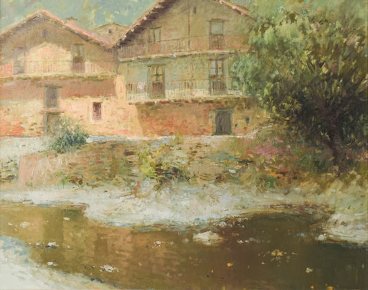 Joan Ramon Palau Junca - Pintura impresionista con río y chalets