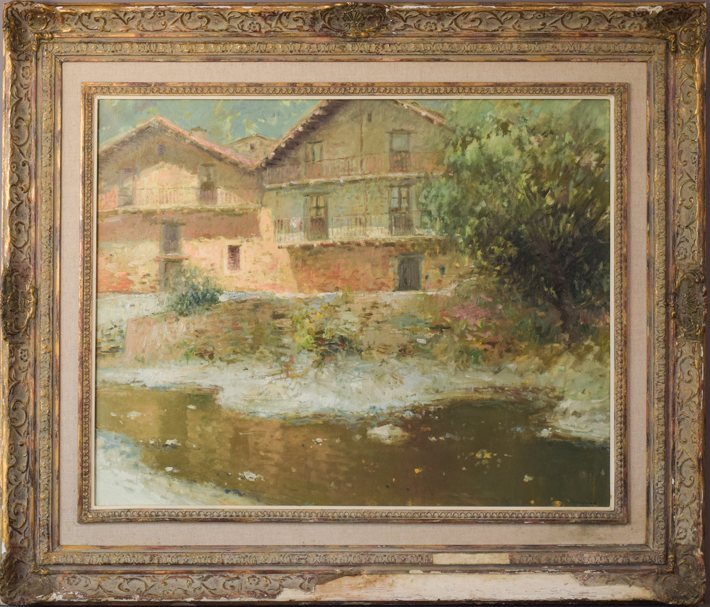 Joan Ramon Palau Junca - Pintura impresionista con río y chalets