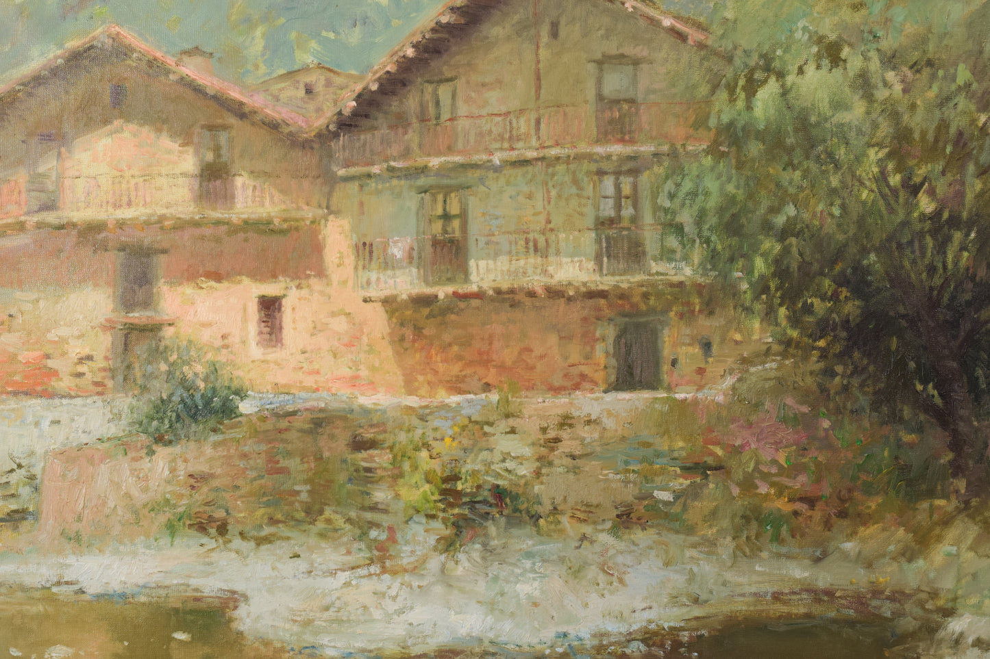 Joan Ramon Palau Junca - Pintura impresionista con río y chalets