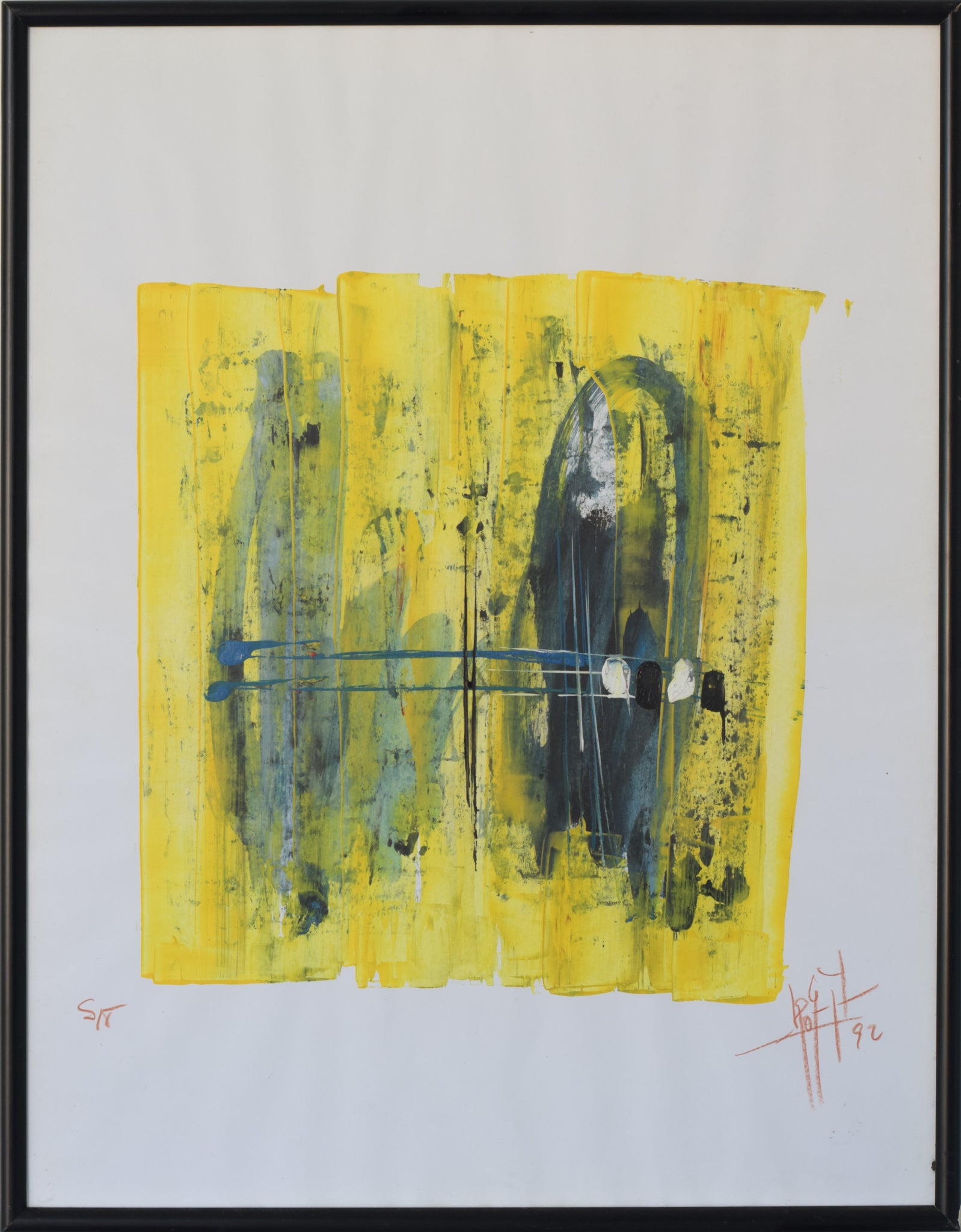 Taschist-style Abstract Painting in Yellow and Blue_Framed