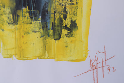 Taschist-style Abstract Painting in Yellow and Blue_Signature