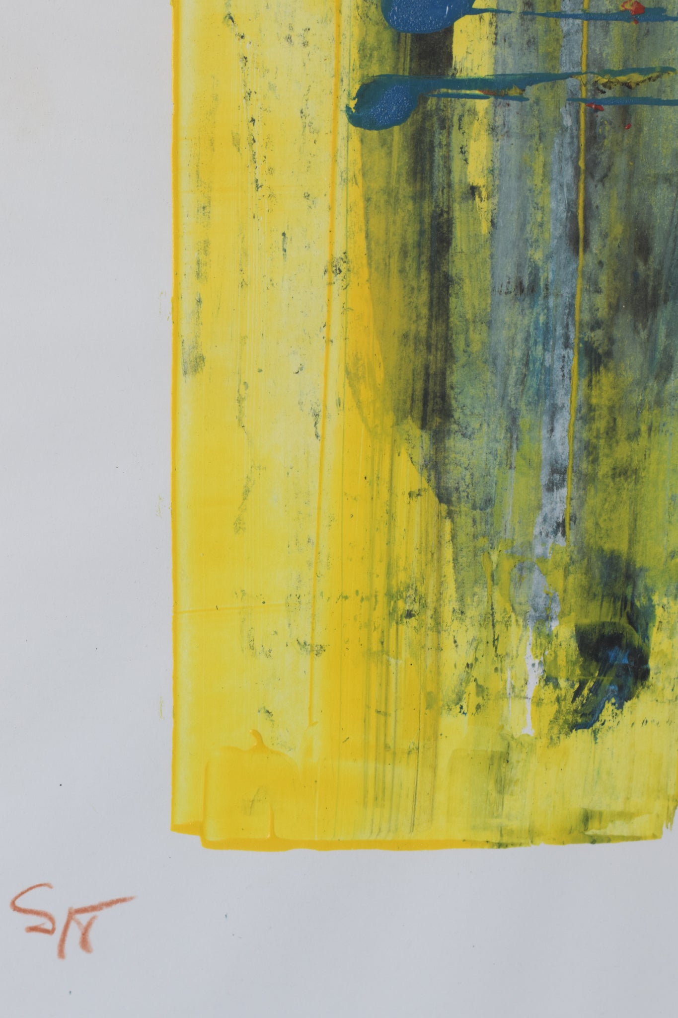 Taschist-style Abstract Painting in Yellow and Blue_Inscription