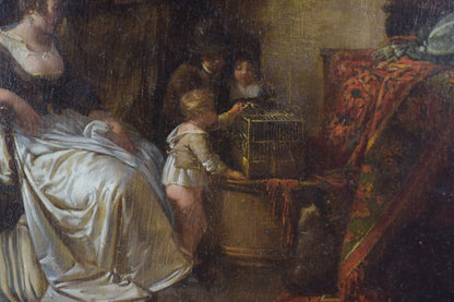 Late 18th Century Domestic scene with children feeding a bird in a cage with mother and maid_Detail