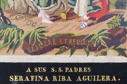 Framed embroidery 'Rebecca and Elezier at the Well'_Inscription
