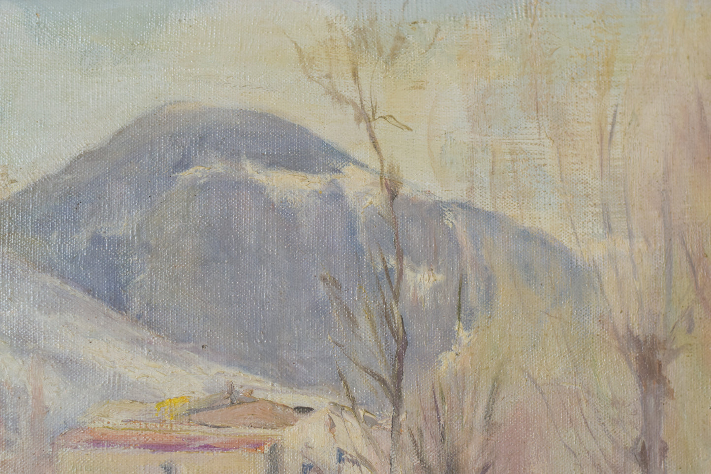 Impressionist Snowscape With Trees, Mountains and Village_Detail