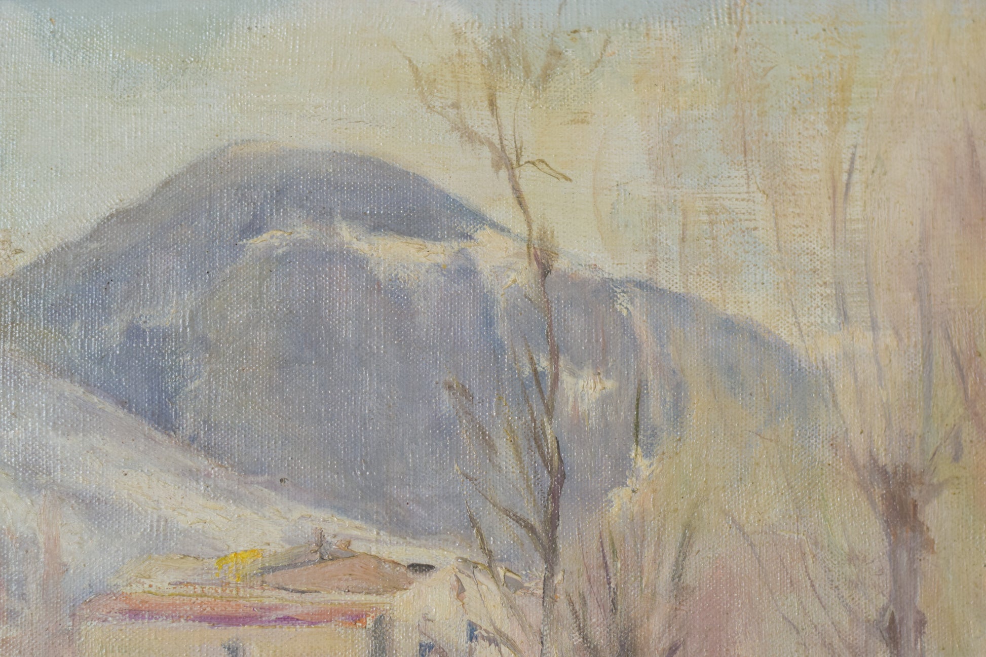 Impressionist Snowscape With Trees, Mountains and Village_Detail