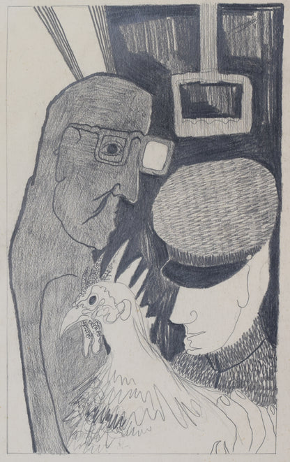 Post-War Drawing of Man, Guard and Cockerel