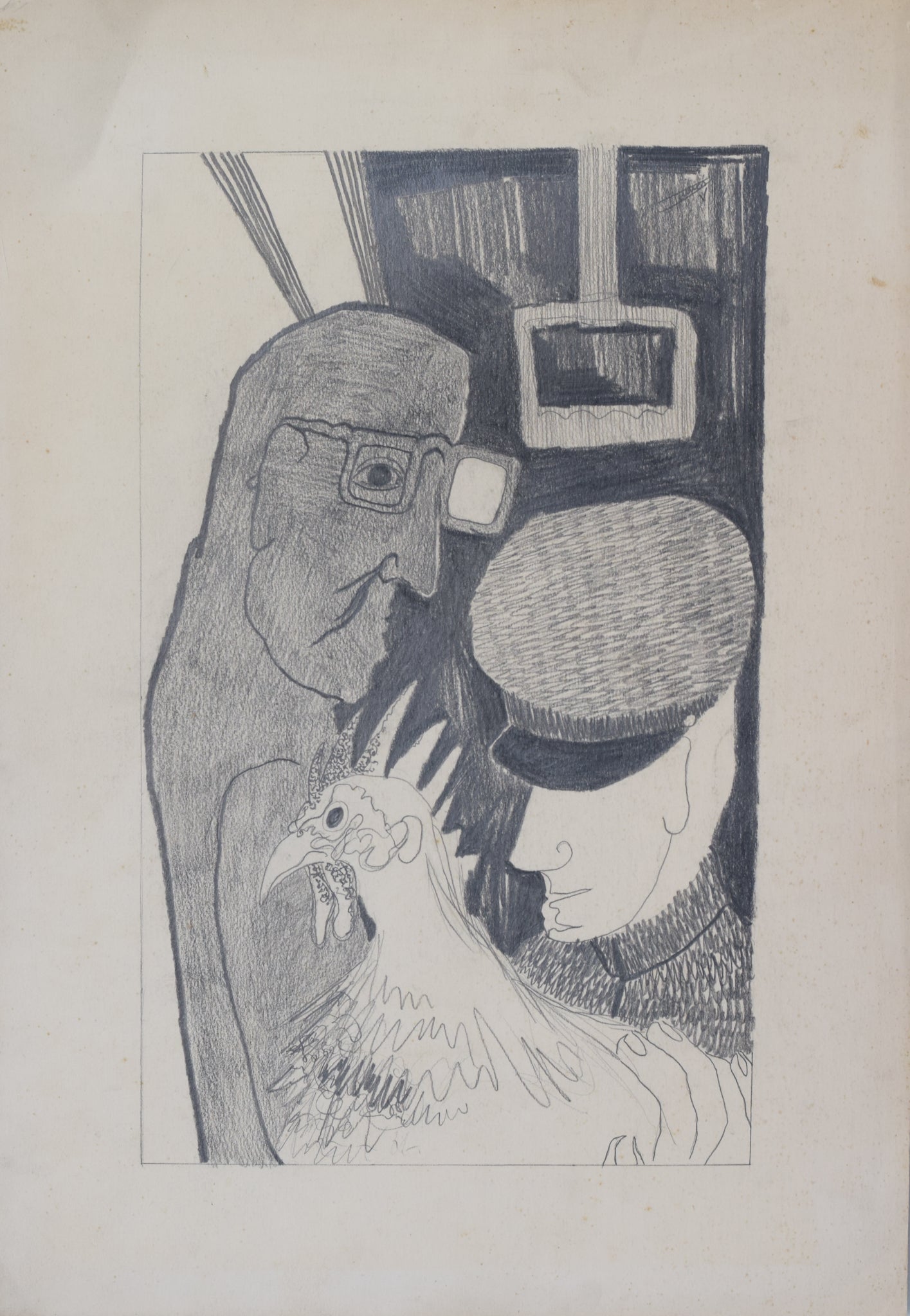 Post-War Drawing of Man, Guard and Cockerel_Sheet