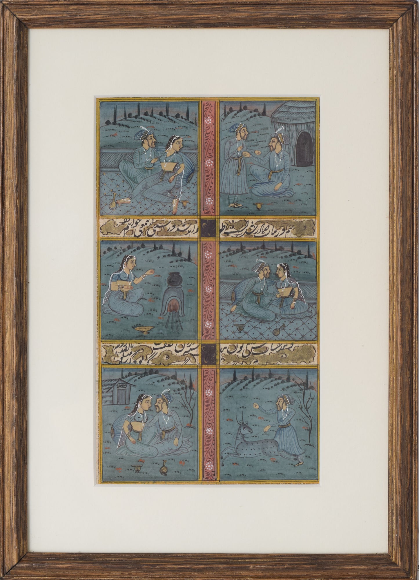Indian Painting with Lovers and Hunting Scenes_Framed