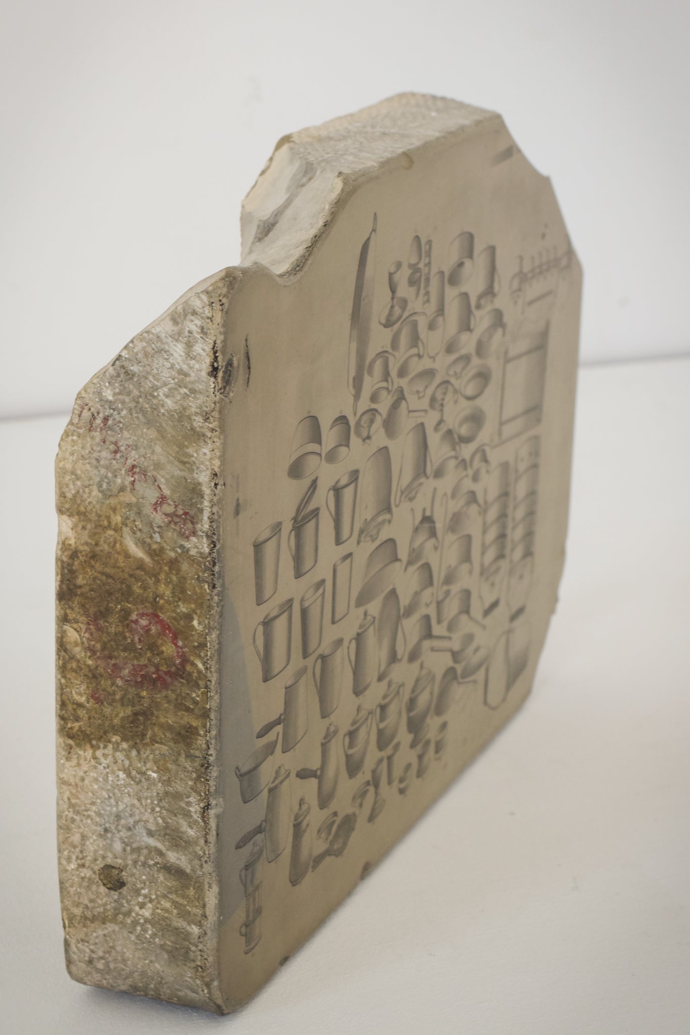 Lithographic Stone with drawings of Culinary Utensils as a design_Detail