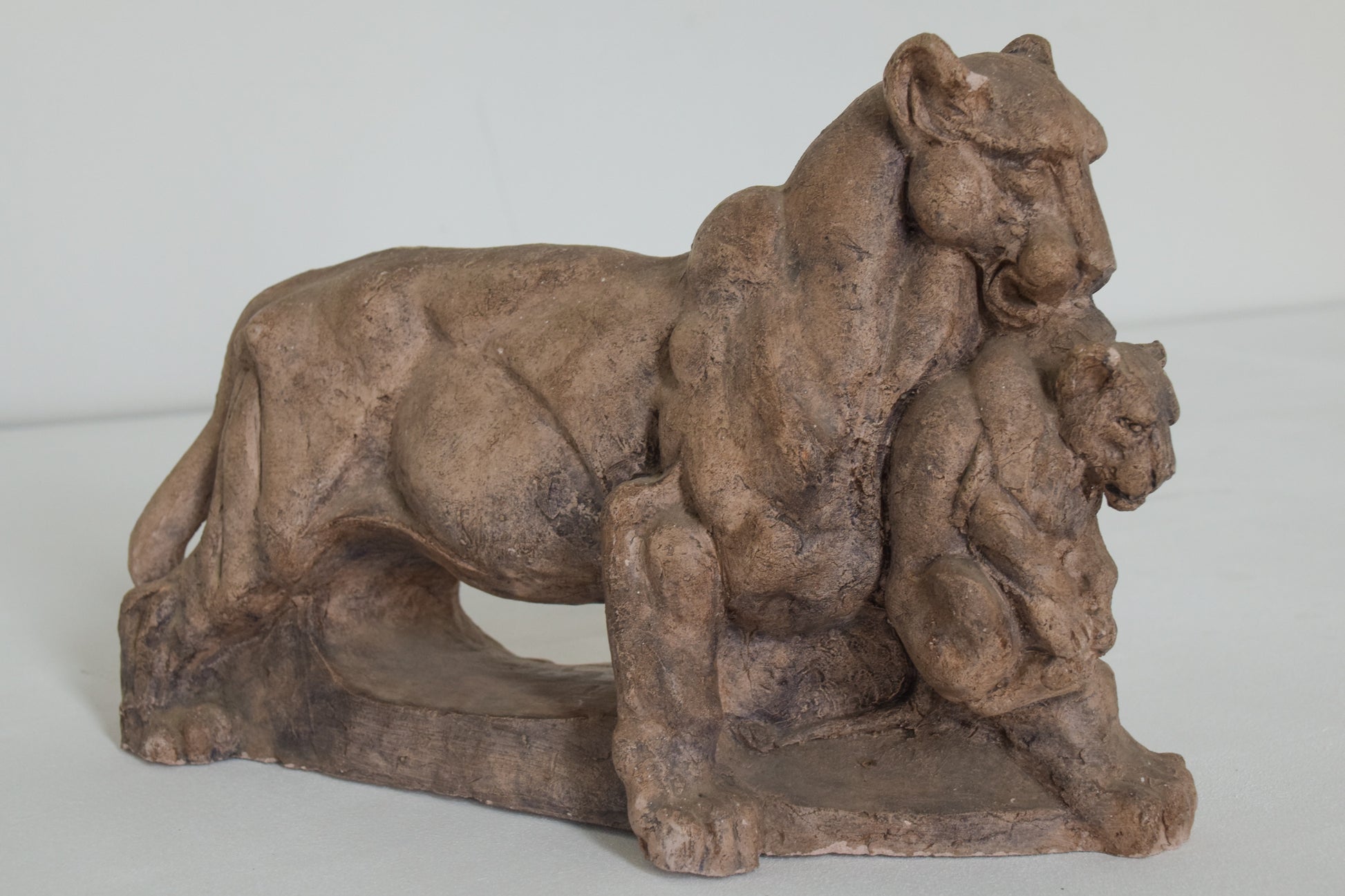 Clay Sculpture of a Lioness and her Cub