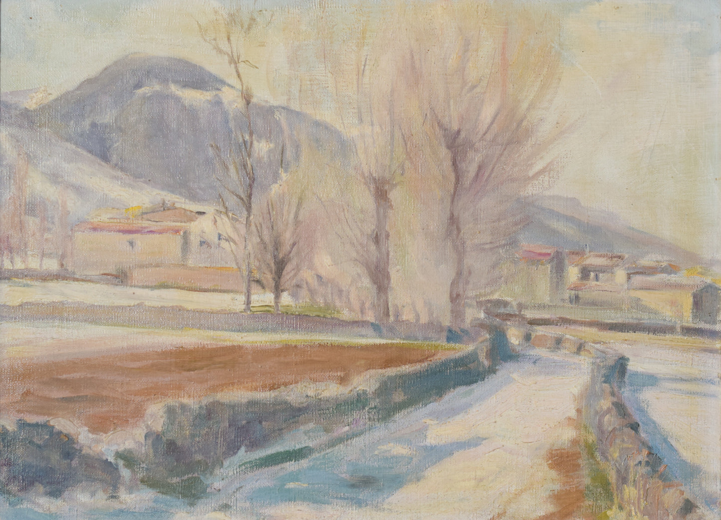 Impressionist Snowscape With Trees, Mountains and Village