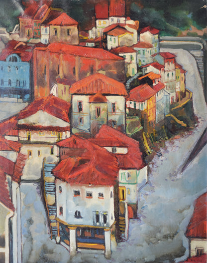 Post-Impressionist style painting of Red Roofs in Northern Spain