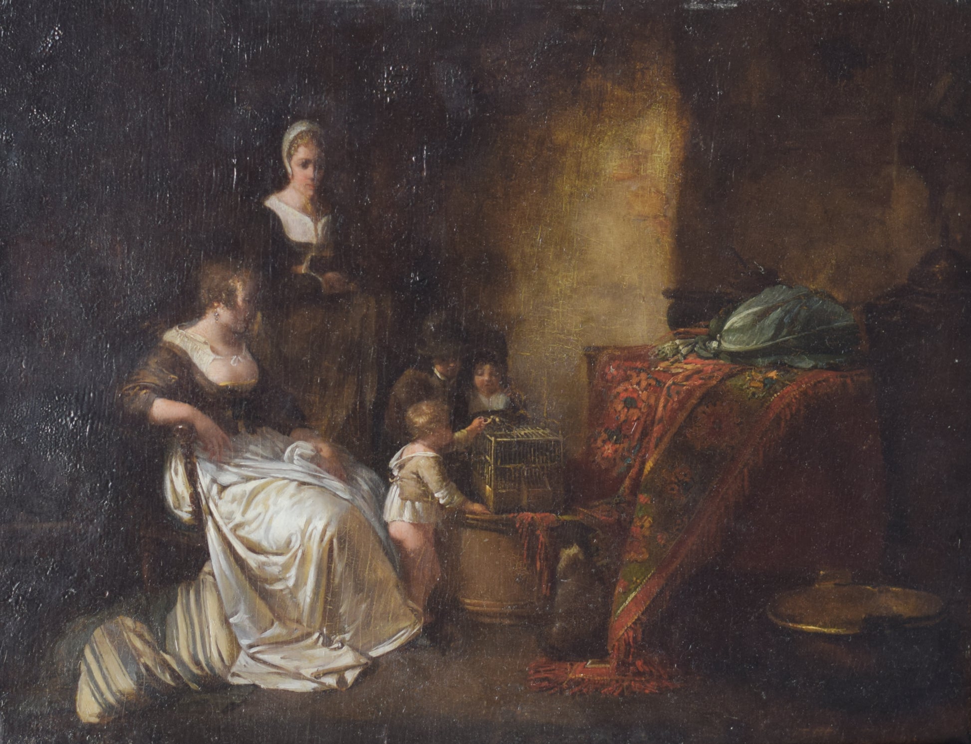 Late 18th Century Domestic scene with children feeding a bird in a cage with mother and maid.