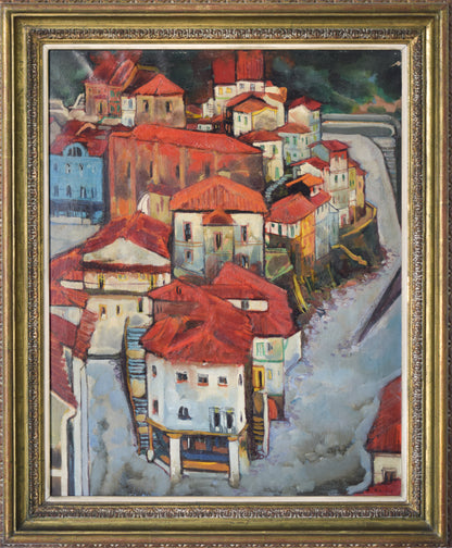 Post-Impressionist style painting of Red Roofs in Northern Spain_Framed
