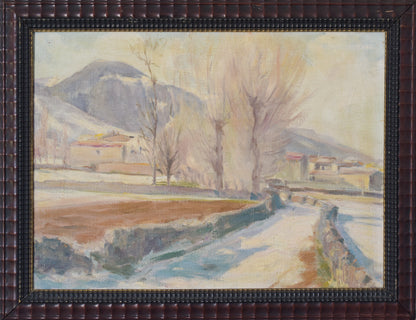 Impressionist Snowscape With Trees, Mountains and Village_Framed