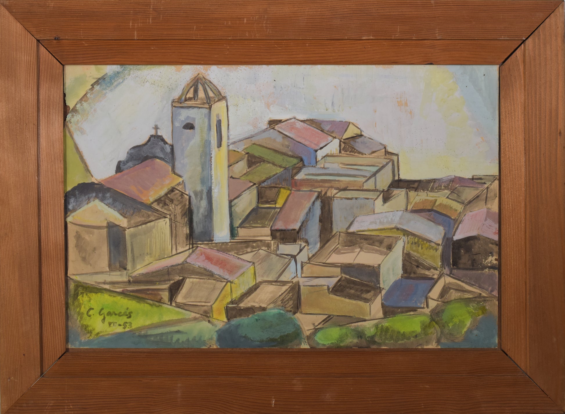 Cubist Watercolour of a Village_Framed