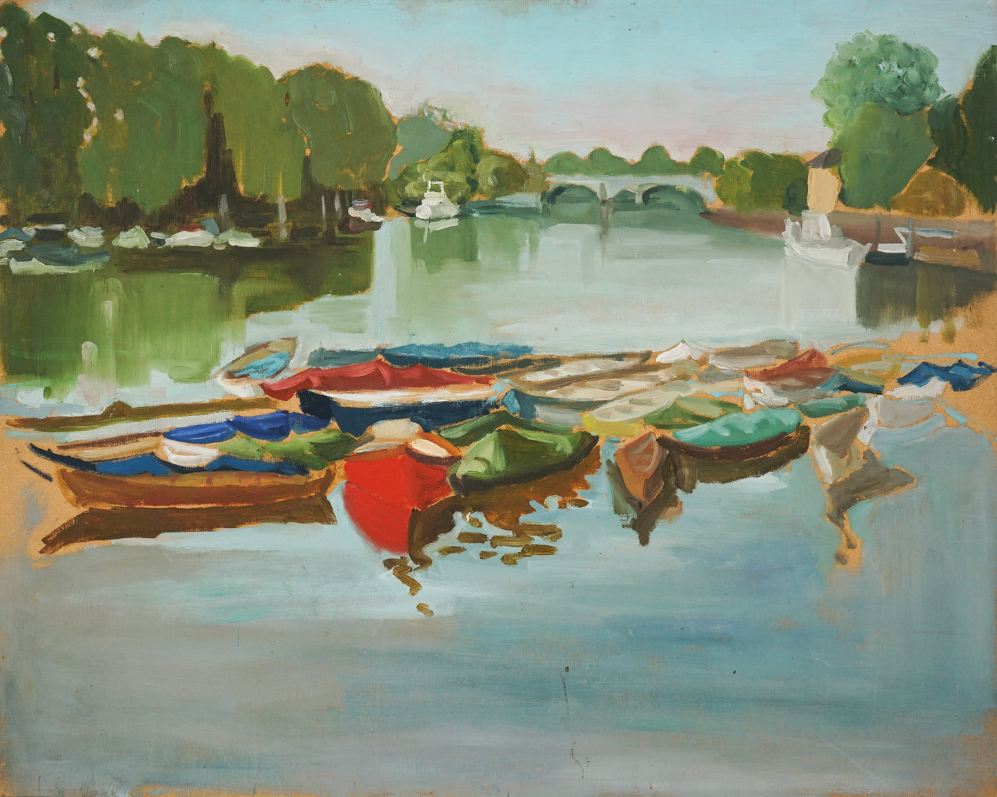 Petersham Meads Towards Richmond Bridge - A Calm Summers Day With Skiffs - Oil Sketch