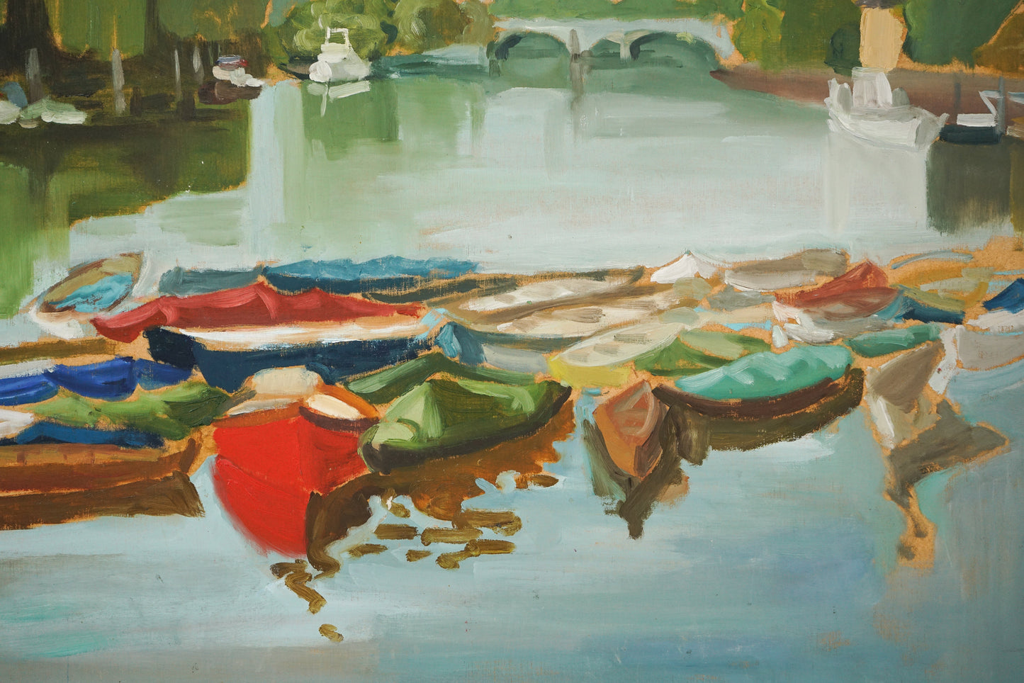 Petersham Meads Towards Richmond Bridge - A Calm Summers Day With Skiffs - Oil Sketch