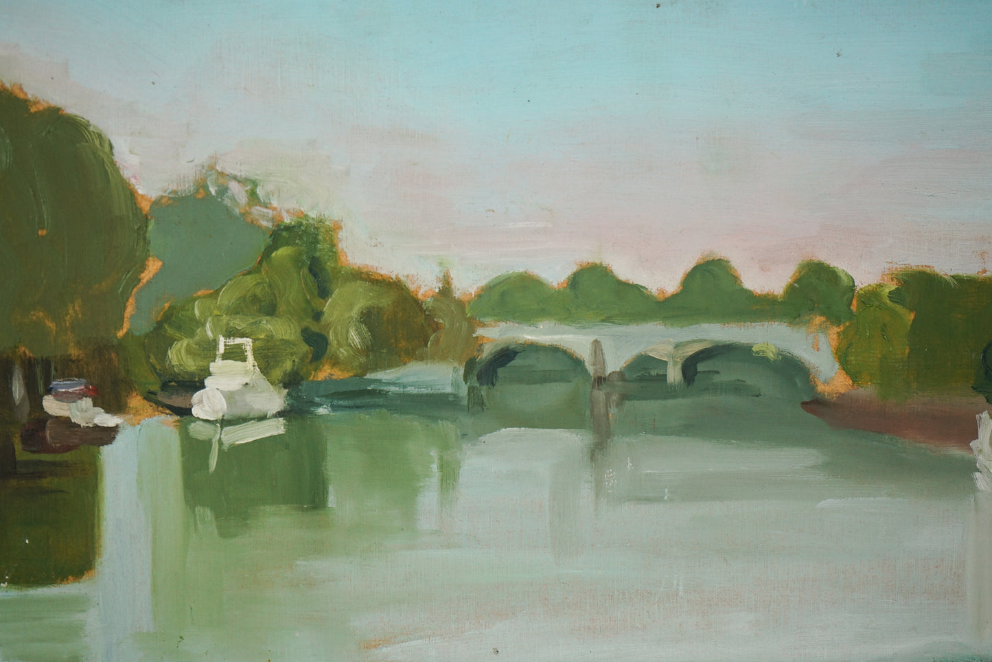 Petersham Meads Towards Richmond Bridge - A Calm Summers Day With Skiffs - Oil Sketch